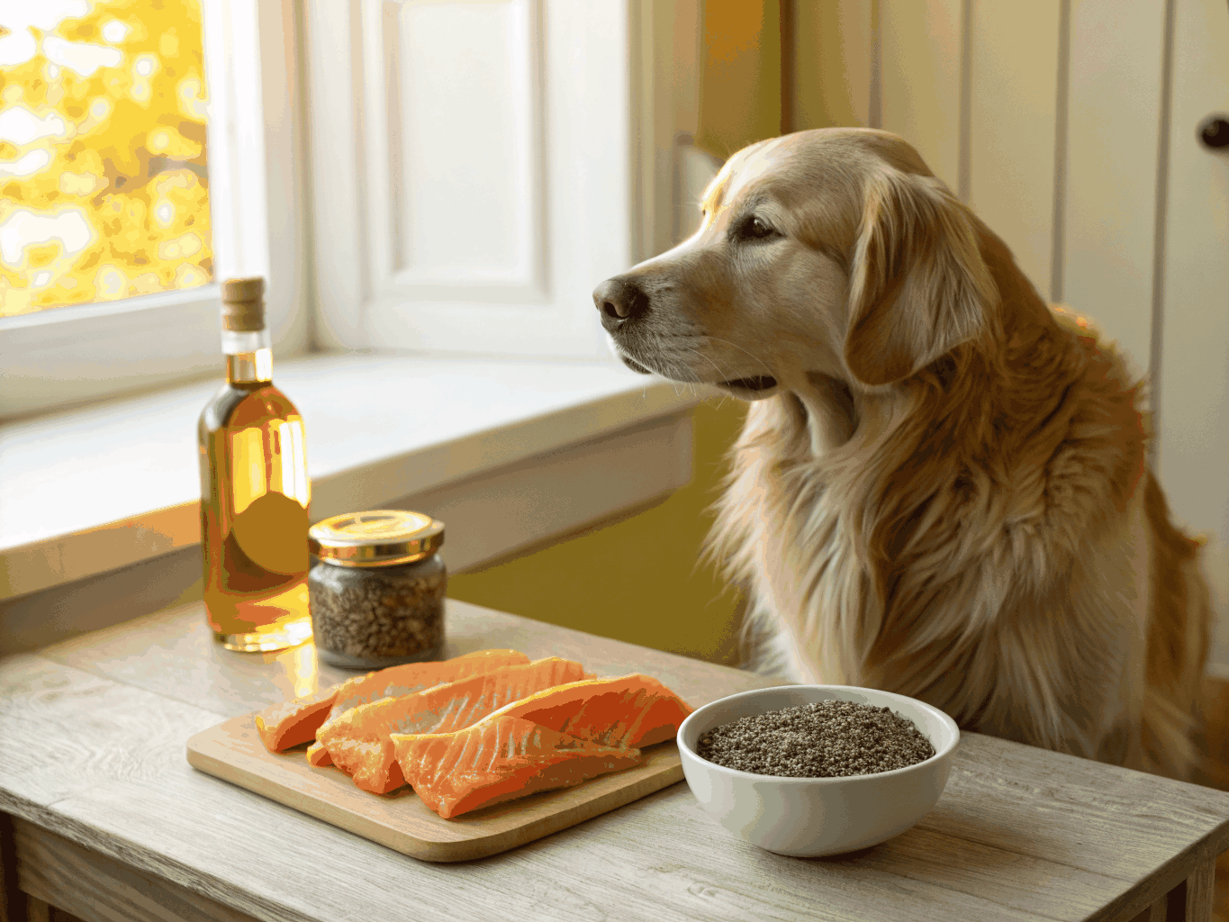 Printable Senior Dog Medication and Emergency Refrigerator Card resting on a tabletop beside daily dog care items