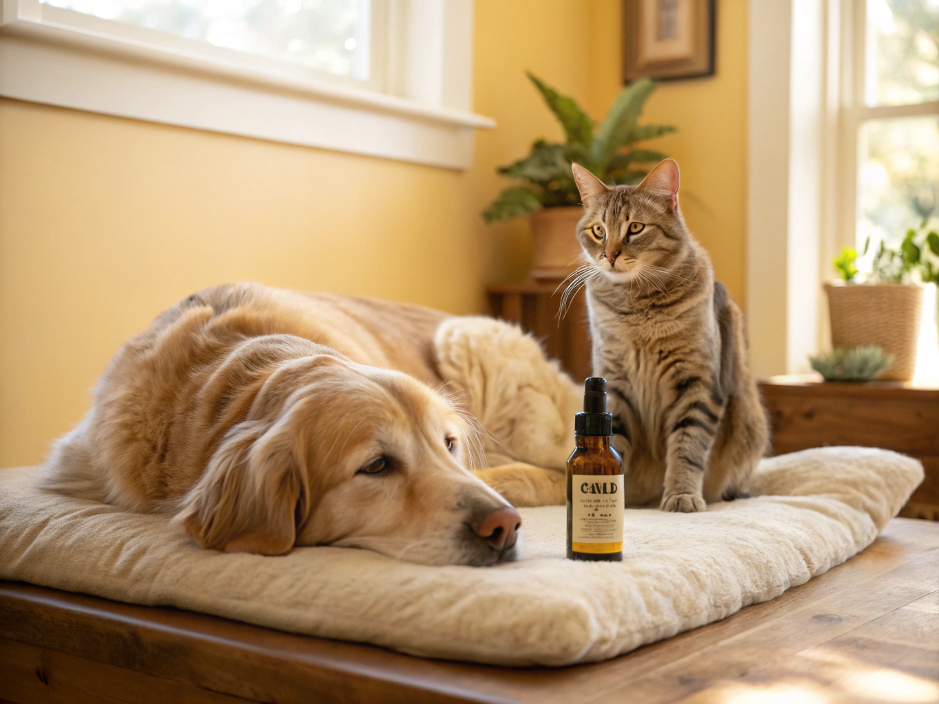 Senior retriever resting beside an age conversion chart on a wooden kitchen table in warm morning sunlight