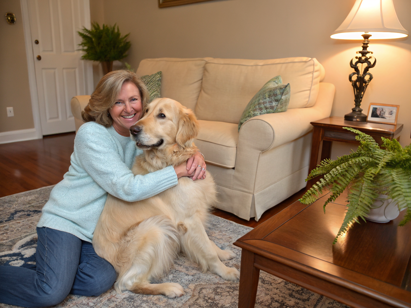 Owner gently administering care to an aging golden retriever in a sunlit living room