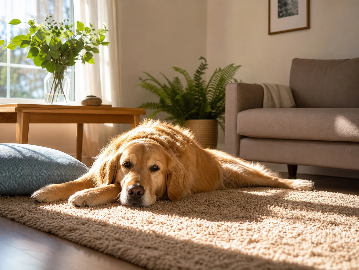 Small terrier and large senior golden companion resting side by side in afternoon light