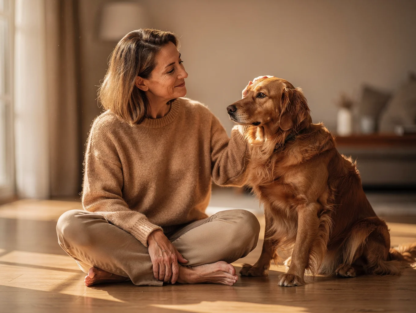 Founder sitting on a living room rug gently brushing a senior golden retriever's gray muzzle in soft daylight