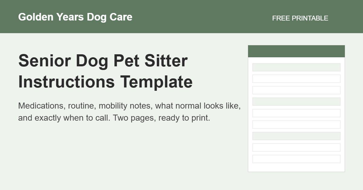 Senior dog pet sitter instructions template, free printable