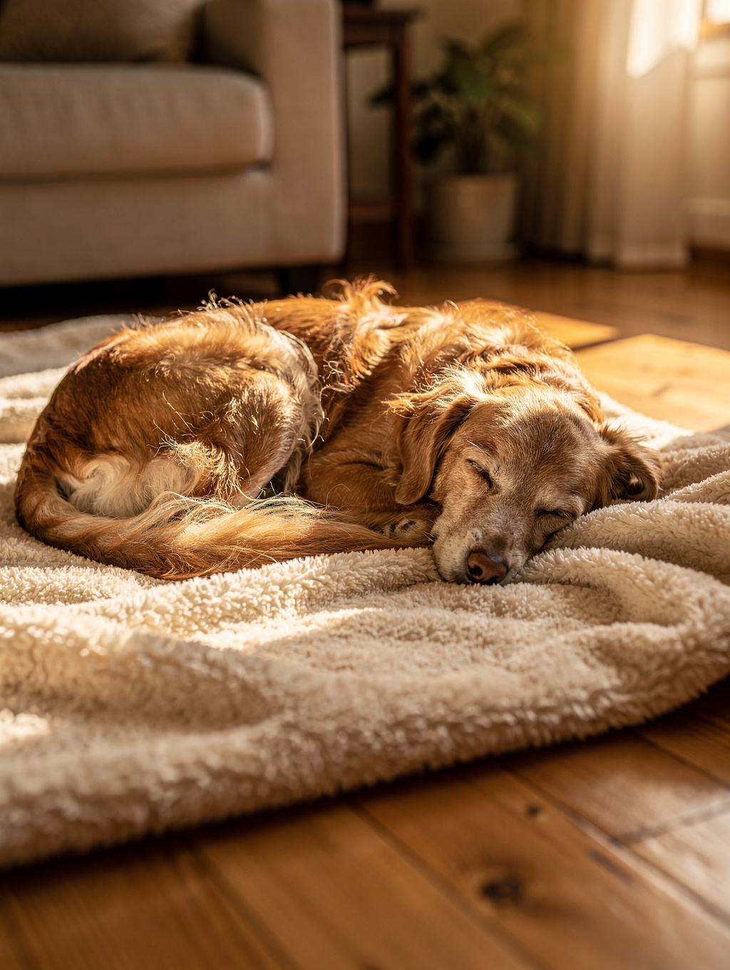 Senior golden dog resting peacefully on a soft orthopedic bed in morning sunlight